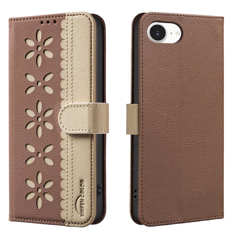 Splicing Color Hollow Flower Pattern RFID Leather Phone Case – Card Slot, Kickstand, Leather, For iPhone 18 Pro/17 Pro, For iPhone 18 Pro Max/17 Pro Max, For iPhone 16e / 17e, For iPhone 17 For iPhone 16e 17e Brown