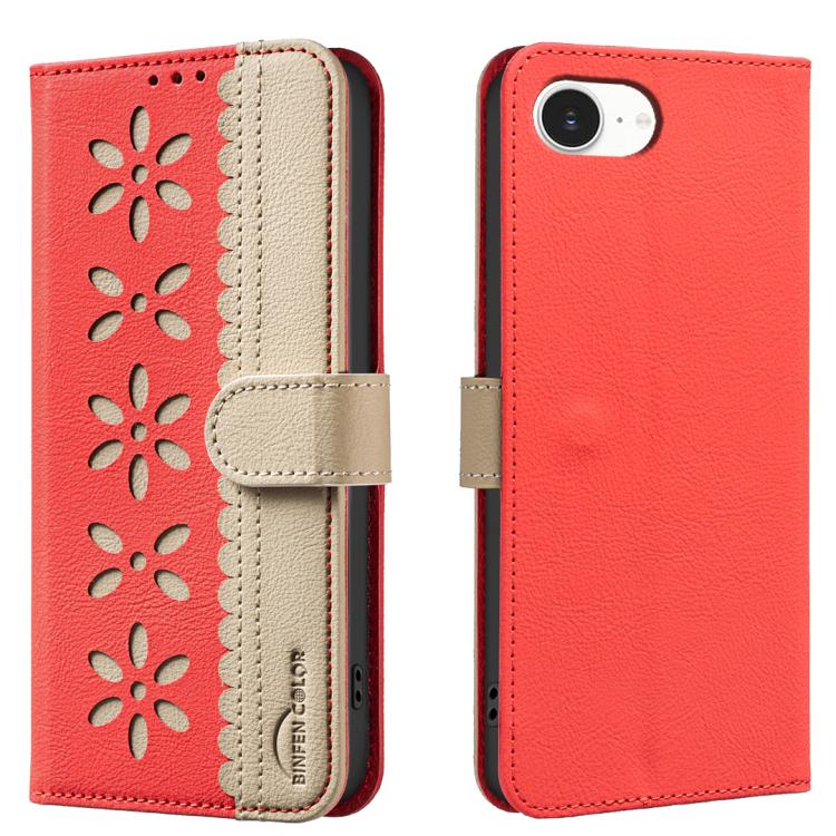 Splicing Color Hollow Flower Pattern RFID Leather Phone Case – Card Slot, Kickstand, Leather, For iPhone 18 Pro/17 Pro, For iPhone 18 Pro Max/17 Pro Max, For iPhone 16e / 17e, For iPhone 17 For iPhone 16e 17e Red