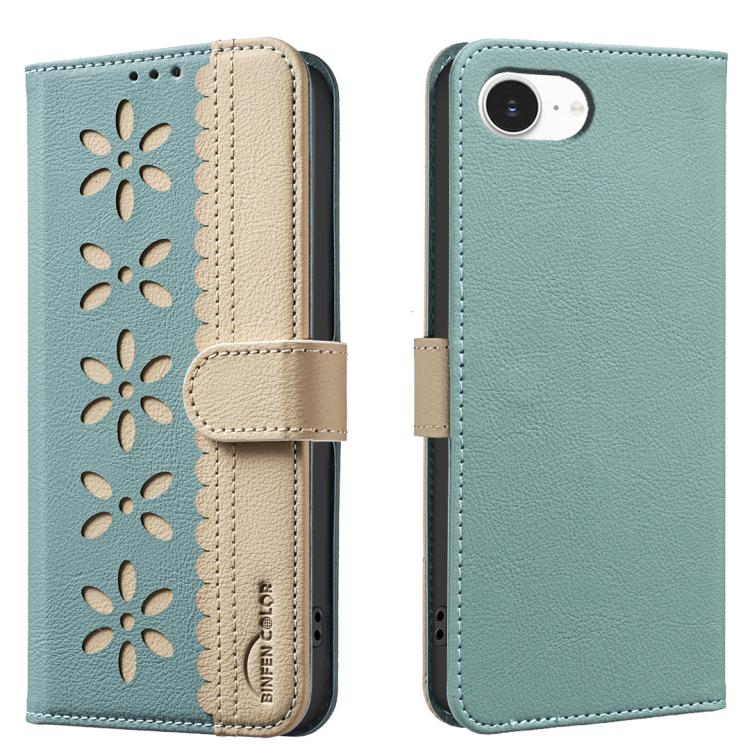 Splicing Color Hollow Flower Pattern RFID Leather Phone Case – Card Slot, Kickstand, Leather, For iPhone 18 Pro/17 Pro, For iPhone 18 Pro Max/17 Pro Max, For iPhone 16e / 17e, For iPhone 17 For iPhone 16e 17e Green