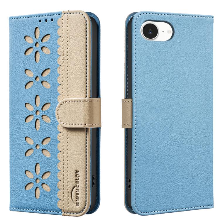 Splicing Color Hollow Flower Pattern RFID Leather Phone Case – Card Slot, Kickstand, Leather, For iPhone 18 Pro/17 Pro, For iPhone 18 Pro Max/17 Pro Max, For iPhone 16e / 17e, For iPhone 17 For iPhone 16e 17e Baby Blue