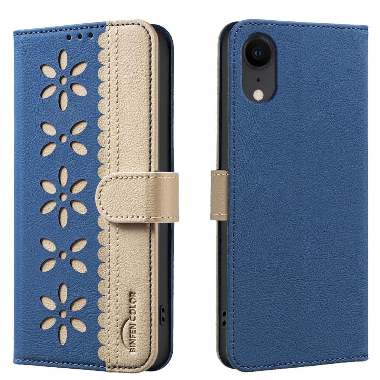 Splicing Color Hollow Flower Pattern RFID Leather Phone Case – Card Slot, Kickstand, Leather, For iPhone 11 Pro Max, For iPhone 11, For iPhone 11 Pro, For iPhone XR For iPhone XR Dark Blue