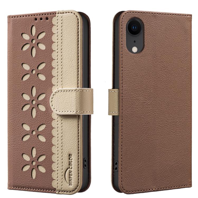 Splicing Color Hollow Flower Pattern RFID Leather Phone Case – Card Slot, Kickstand, Leather, For iPhone 11 Pro Max, For iPhone 11, For iPhone 11 Pro, For iPhone XR For iPhone XR Brown