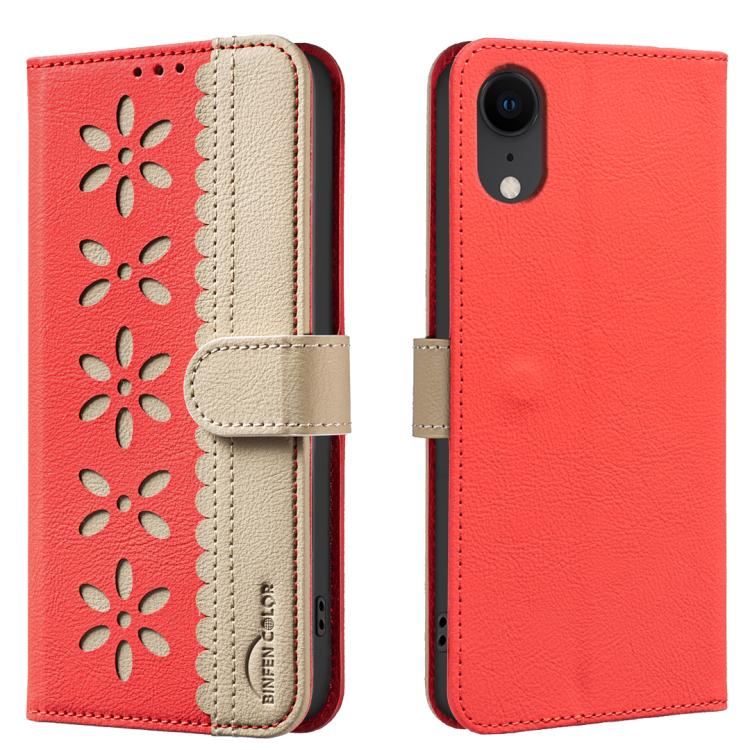 Splicing Color Hollow Flower Pattern RFID Leather Phone Case – Card Slot, Kickstand, Leather, For iPhone 11 Pro Max, For iPhone 11, For iPhone 11 Pro, For iPhone XR For iPhone XR Red