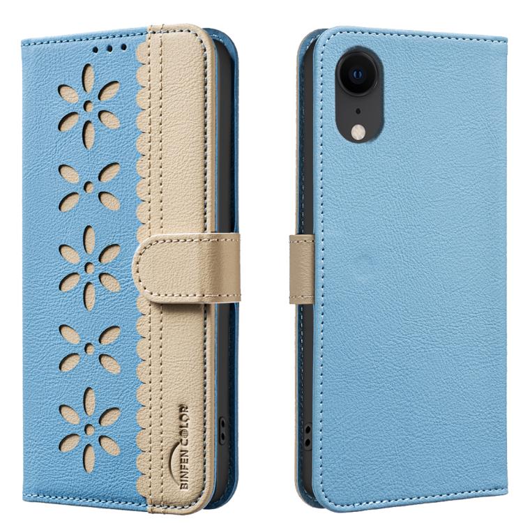 Splicing Color Hollow Flower Pattern RFID Leather Phone Case – Card Slot, Kickstand, Leather, For iPhone 11 Pro Max, For iPhone 11, For iPhone 11 Pro, For iPhone XR For iPhone XR Baby Blue
