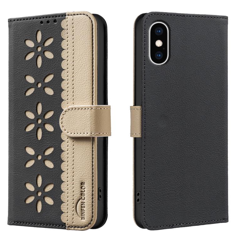 Splicing Color Hollow Flower Pattern RFID Leather Phone Case, For iPhone XS Max, For iPhone 6 Plus / 7 Plus / 8 Plus, For iPhone 6 / 7 / 8 For iPhone XS Max Black