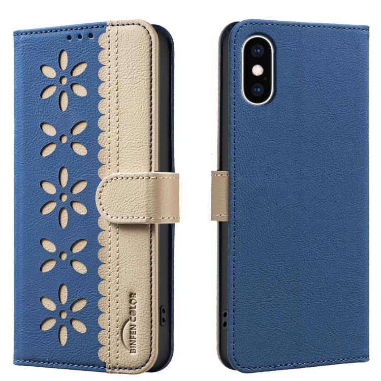 Splicing Color Hollow Flower Pattern RFID Leather Phone Case – Card Slot, Kickstand, Leather, For iPhone XS Max, For iPhone 6 Plus / 7 Plus / 8 Plus, For iPhone 6 / 7 / 8 For iPhone XS Max Dark Blue