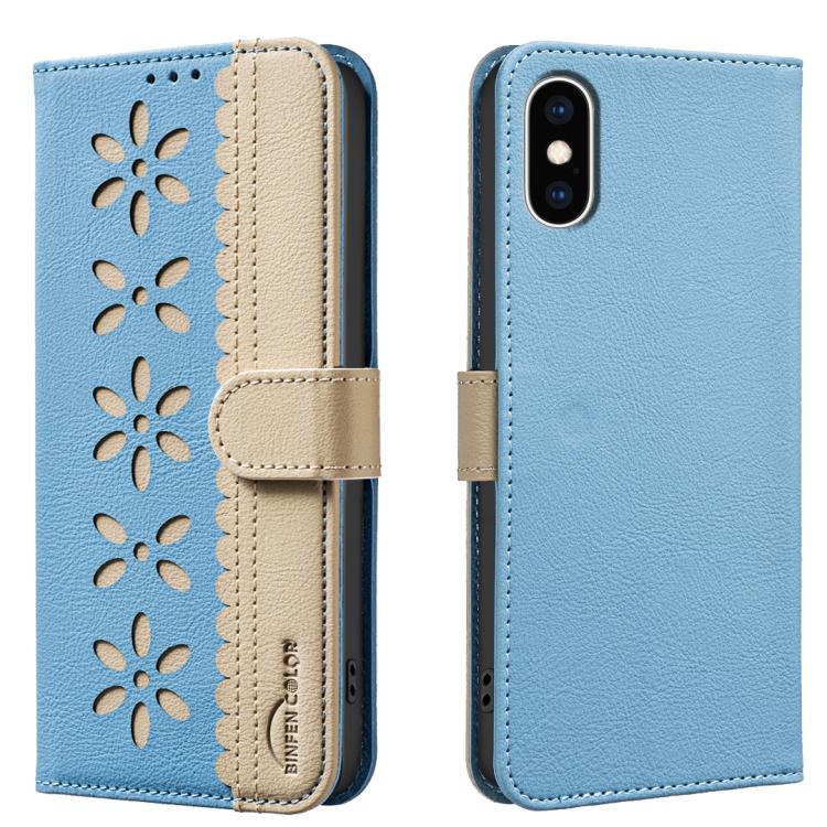 Splicing Color Hollow Flower Pattern RFID Leather Phone Case – Card Slot, Kickstand, Leather, For iPhone XS Max, For iPhone 6 Plus / 7 Plus / 8 Plus, For iPhone 6 / 7 / 8 For iPhone XS Max Baby Blue