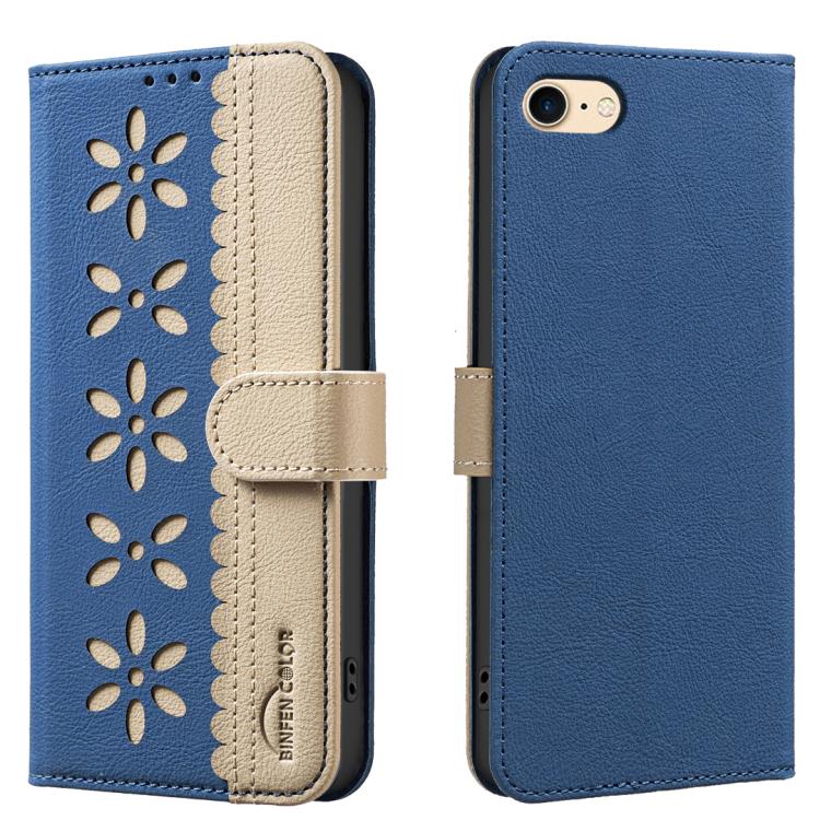 Splicing Color Hollow Flower Pattern RFID Leather Phone Case – Card Slot, Kickstand, Leather, For iPhone XS Max, For iPhone 6 Plus / 7 Plus / 8 Plus, For iPhone 6 / 7 / 8 For iPhone 6 7 8 Dark Blue