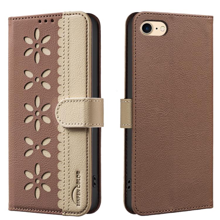 Splicing Color Hollow Flower Pattern RFID Leather Phone Case – Card Slot, Kickstand, Leather, For iPhone XS Max, For iPhone 6 Plus / 7 Plus / 8 Plus, For iPhone 6 / 7 / 8 For iPhone 6 7 8 Brown