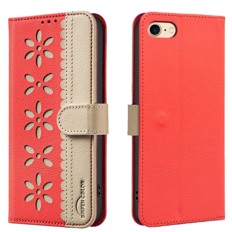 Splicing Color Hollow Flower Pattern RFID Leather Phone Case – Card Slot, Kickstand, Leather, For iPhone XS Max, For iPhone 6 Plus / 7 Plus / 8 Plus, For iPhone 6 / 7 / 8 For iPhone 6 7 8 Red