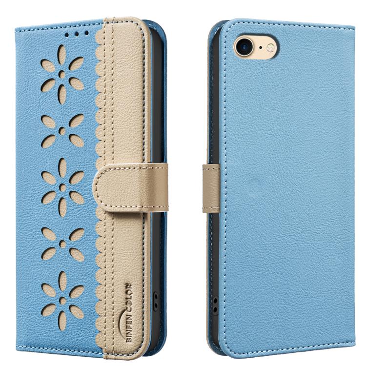 Splicing Color Hollow Flower Pattern RFID Leather Phone Case – Card Slot, Kickstand, Leather, For iPhone XS Max, For iPhone 6 Plus / 7 Plus / 8 Plus, For iPhone 6 / 7 / 8 For iPhone 6 7 8 Baby Blue