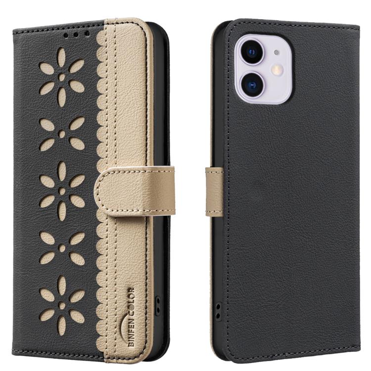 Splicing Color Hollow Flower Pattern RFID Leather Phone Case – Card Slot, Kickstand, Leather, For iPhone 11 Pro Max, For iPhone 11, For iPhone 11 Pro, For iPhone XR For iPhone 11 Black