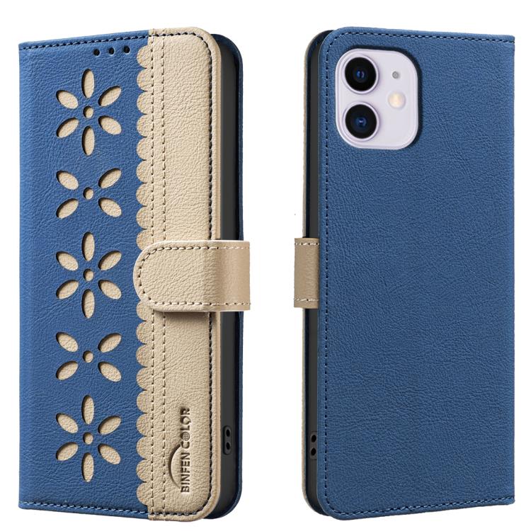 Splicing Color Hollow Flower Pattern RFID Leather Phone Case – Card Slot, Kickstand, Leather, For iPhone 11 Pro Max, For iPhone 11, For iPhone 11 Pro, For iPhone XR For iPhone 11 Dark Blue