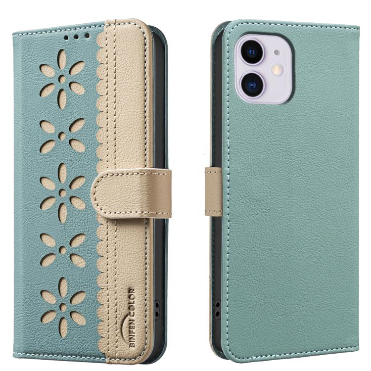 Splicing Color Hollow Flower Pattern RFID Leather Phone Case – Card Slot, Kickstand, Leather, For iPhone 11 Pro Max, For iPhone 11, For iPhone 11 Pro, For iPhone XR For iPhone 11 Green