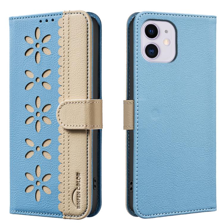 Splicing Color Hollow Flower Pattern RFID Leather Phone Case – Card Slot, Kickstand, Leather, For iPhone 11 Pro Max, For iPhone 11, For iPhone 11 Pro, For iPhone XR For iPhone 11 Baby Blue