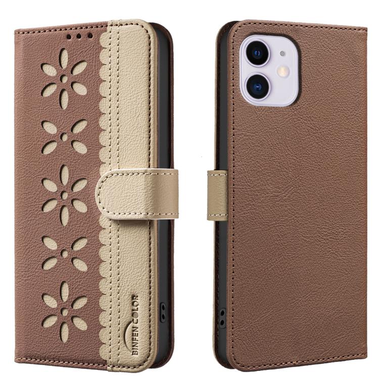 Splicing Color Hollow Flower Pattern RFID Leather Phone Case – Card Slot, Kickstand, Leather, For iPhone 13 Pro Max, For iPhone 13 Pro, For iPhone 12 / 12 Pro, For iPhone 12 Pro Max For iPhone 12 12 Pro Brown