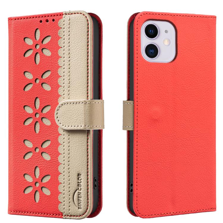 Splicing Color Hollow Flower Pattern RFID Leather Phone Case – Card Slot, Kickstand, Leather, For iPhone 13 Pro Max, For iPhone 13 Pro, For iPhone 12 / 12 Pro, For iPhone 12 Pro Max For iPhone 12 12 Pro Red