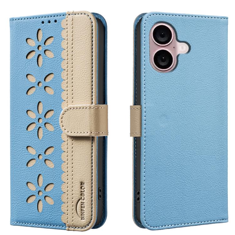 Splicing Color Hollow Flower Pattern RFID Leather Phone Case – Card Slot, Kickstand, Leather, For iPhone Air, For iPhone 16 Pro Max, For iPhone 16 Pro, For iPhone 16 Plus For iPhone 16 Plus Baby Blue
