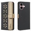 Splicing Color Hollow Flower Pattern RFID Leather Phone Case, For iPhone 16, For iPhone 15 Pro Max, For iPhone 15 Pro, For iPhone 14 Plus / 15 Plus For iPhone 16 Black