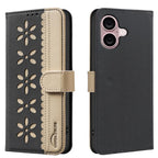 Splicing Color Hollow Flower Pattern RFID Leather Phone Case, For iPhone 16, For iPhone 15 Pro Max, For iPhone 15 Pro, For iPhone 14 Plus / 15 Plus For iPhone 16 Black