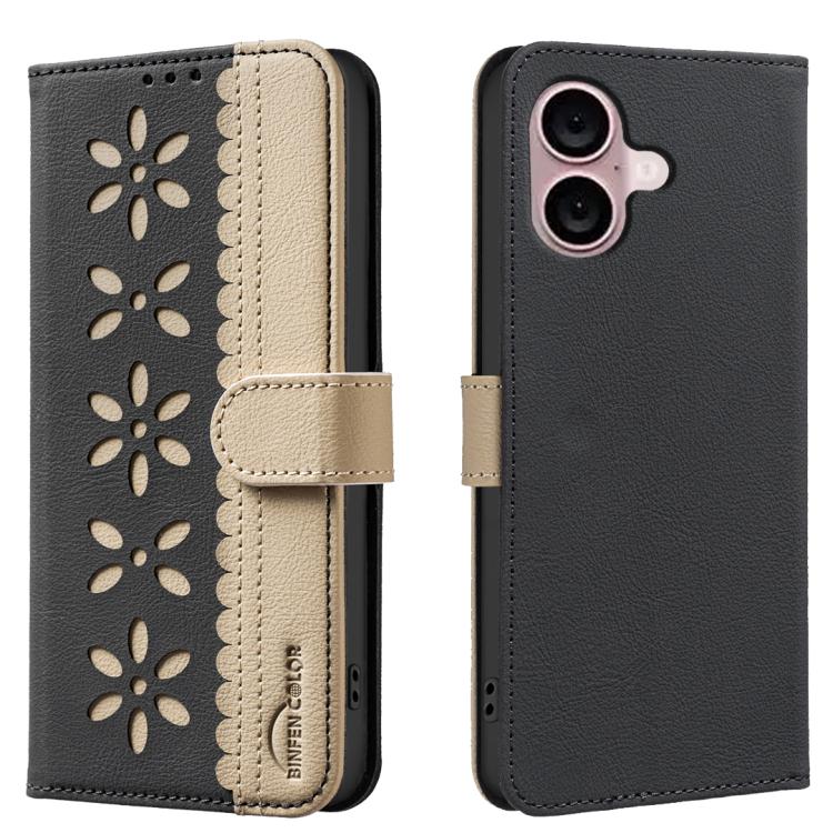 Splicing Color Hollow Flower Pattern RFID Leather Phone Case, For iPhone 16, For iPhone 15 Pro Max, For iPhone 15 Pro, For iPhone 14 Plus / 15 Plus For iPhone 16 Black