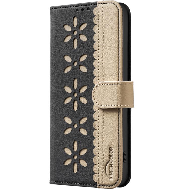 Splicing Color Hollow Flower Pattern RFID Leather Phone Case, For iPhone 16, For iPhone 15 Pro Max, For iPhone 15 Pro, For iPhone 14 Plus / 15 Plus