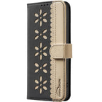 Splicing Color Hollow Flower Pattern RFID Leather Phone Case, For iPhone 16, For iPhone 15 Pro Max, For iPhone 15 Pro, For iPhone 14 Plus / 15 Plus