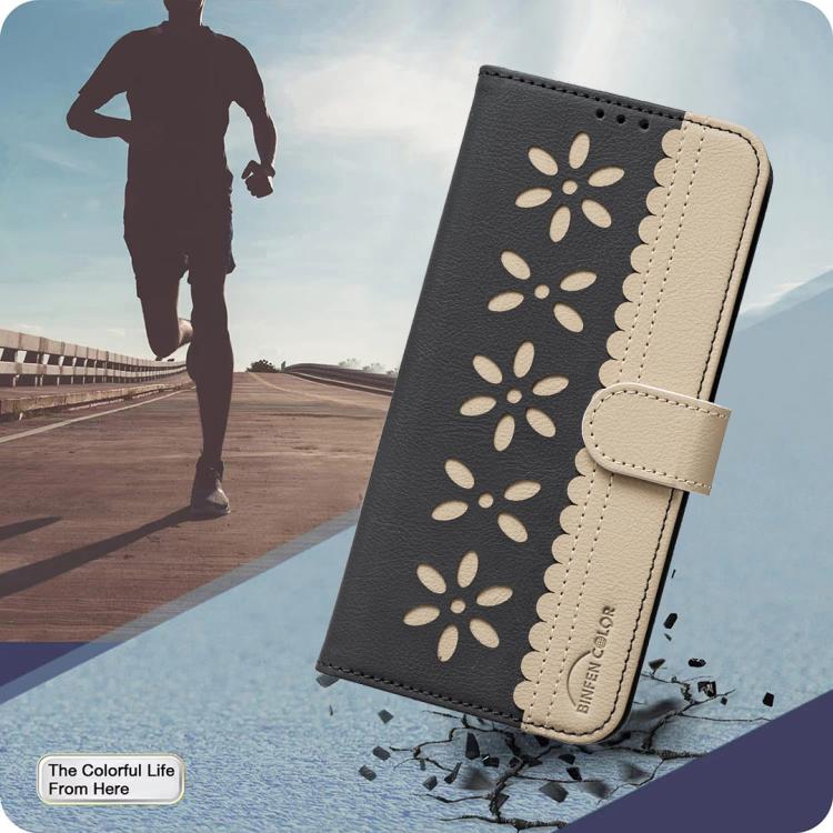 Splicing Color Hollow Flower Pattern RFID Leather Phone Case, For iPhone 16, For iPhone 15 Pro Max, For iPhone 15 Pro, For iPhone 14 Plus / 15 Plus