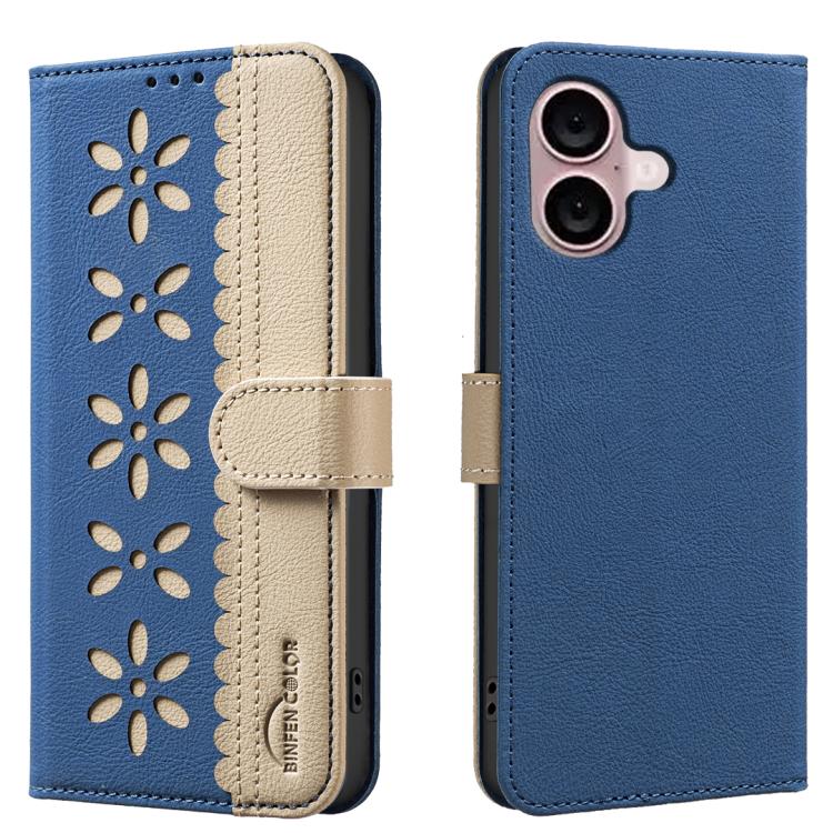 Splicing Color Hollow Flower Pattern RFID Leather Phone Case – Card Slot, Kickstand, Leather, For iPhone 16, For iPhone 15 Pro Max, For iPhone 15 Pro, For iPhone 14 Plus / 15 Plus For iPhone 16 Dark Blue