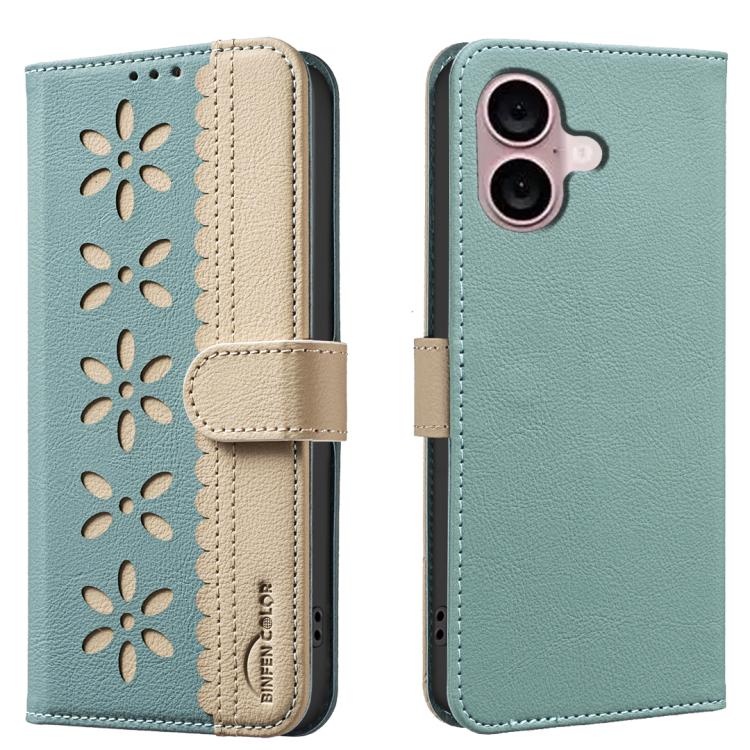Splicing Color Hollow Flower Pattern RFID Leather Phone Case – Card Slot, Kickstand, Leather, For iPhone 16, For iPhone 15 Pro Max, For iPhone 15 Pro, For iPhone 14 Plus / 15 Plus For iPhone 16 Green