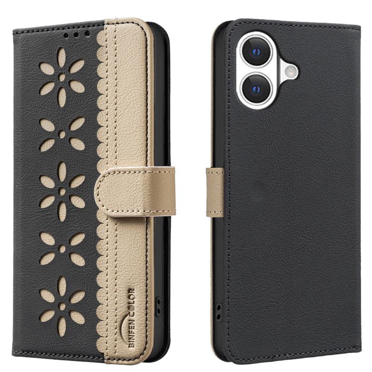 Splicing Color Hollow Flower Pattern RFID Leather Phone Case – Card Slot, Kickstand, Leather, For iPhone 18 Pro/17 Pro, For iPhone 18 Pro Max/17 Pro Max, For iPhone 16e / 17e, For iPhone 17 For iPhone 17 Black