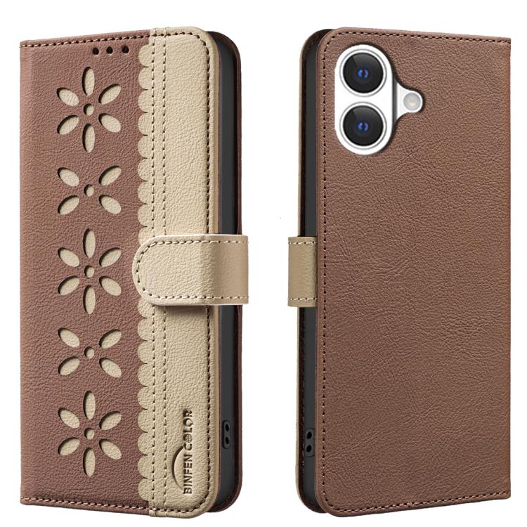Splicing Color Hollow Flower Pattern RFID Leather Phone Case – Card Slot, Kickstand, Leather, For iPhone 18 Pro/17 Pro, For iPhone 18 Pro Max/17 Pro Max, For iPhone 16e / 17e, For iPhone 17 For iPhone 17 Brown
