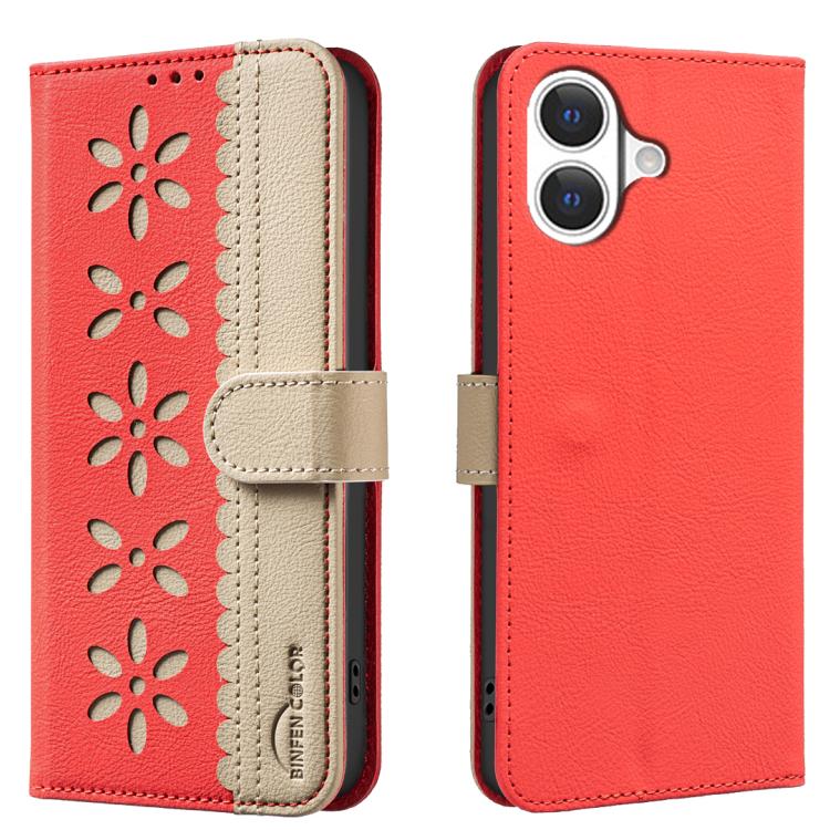 Splicing Color Hollow Flower Pattern RFID Leather Phone Case – Card Slot, Kickstand, Leather, For iPhone 18 Pro/17 Pro, For iPhone 18 Pro Max/17 Pro Max, For iPhone 16e / 17e, For iPhone 17 For iPhone 17 Red