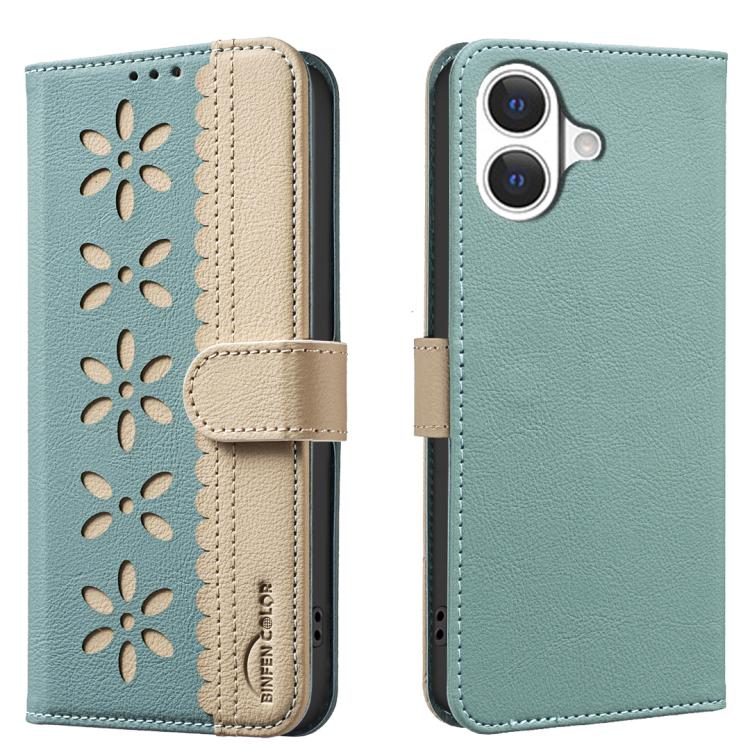 Splicing Color Hollow Flower Pattern RFID Leather Phone Case – Card Slot, Kickstand, Leather, For iPhone 18 Pro/17 Pro, For iPhone 18 Pro Max/17 Pro Max, For iPhone 16e / 17e, For iPhone 17 For iPhone 17 Green