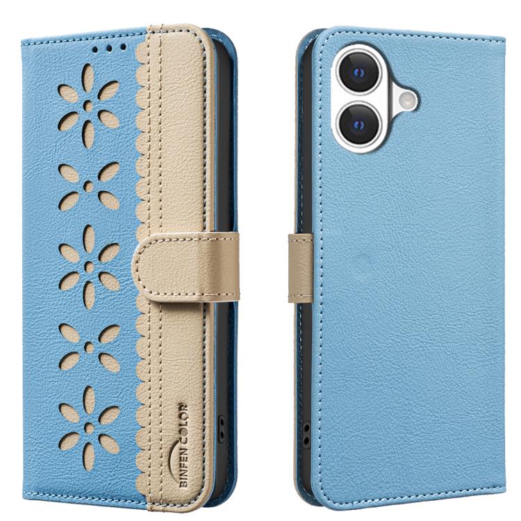 Splicing Color Hollow Flower Pattern RFID Leather Phone Case – Card Slot, Kickstand, Leather, For iPhone 18 Pro/17 Pro, For iPhone 18 Pro Max/17 Pro Max, For iPhone 16e / 17e, For iPhone 17 For iPhone 17 Baby Blue