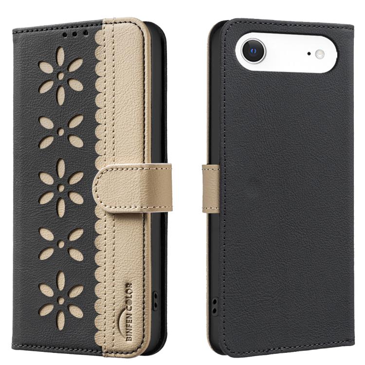 Splicing Color Hollow Flower Pattern RFID Leather Phone Case, For iPhone Air, For iPhone 16 Pro Max, For iPhone 16 Pro, For iPhone 16 Plus For iPhone Air Black