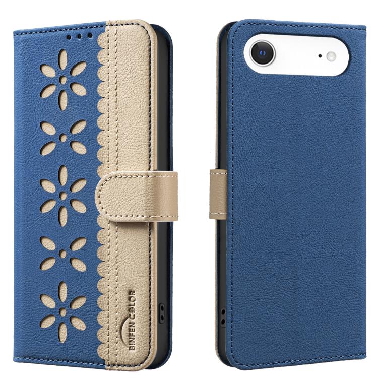 Splicing Color Hollow Flower Pattern RFID Leather Phone Case – Card Slot, Kickstand, Leather, For iPhone Air, For iPhone 16 Pro Max, For iPhone 16 Pro, For iPhone 16 Plus For iPhone Air Dark Blue