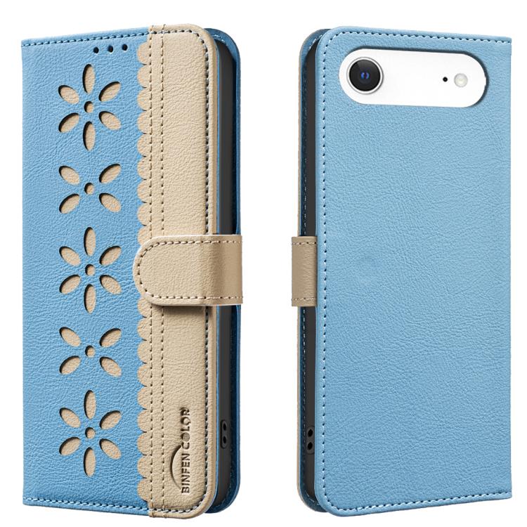 Splicing Color Hollow Flower Pattern RFID Leather Phone Case – Card Slot, Kickstand, Leather, For iPhone Air, For iPhone 16 Pro Max, For iPhone 16 Pro, For iPhone 16 Plus For iPhone Air Baby Blue