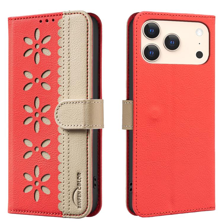 Splicing Color Hollow Flower Pattern RFID Leather Phone Case – Card Slot, Kickstand, Leather, For iPhone 18 Pro/17 Pro, For iPhone 18 Pro Max/17 Pro Max, For iPhone 16e / 17e, For iPhone 17 For iPhone 18 Pro 17 Pro Red