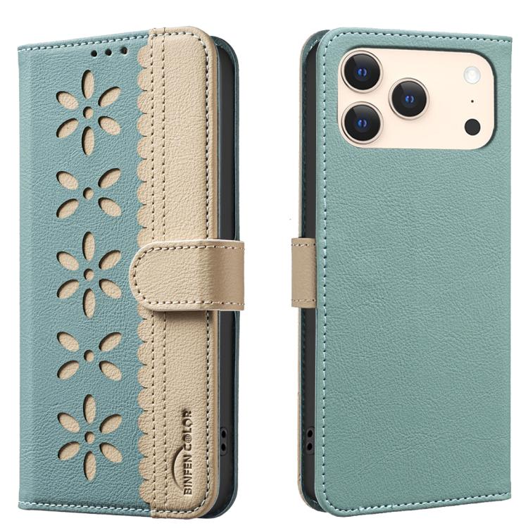 Splicing Color Hollow Flower Pattern RFID Leather Phone Case – Card Slot, Kickstand, Leather, For iPhone 18 Pro/17 Pro, For iPhone 18 Pro Max/17 Pro Max, For iPhone 16e / 17e, For iPhone 17 For iPhone 18 Pro 17 Pro Green