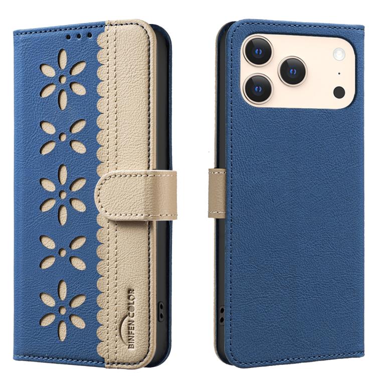 Splicing Color Hollow Flower Pattern RFID Leather Phone Case – Card Slot, Kickstand, Leather, For iPhone 18 Pro/17 Pro, For iPhone 18 Pro Max/17 Pro Max, For iPhone 16e / 17e, For iPhone 17 For iPhone 18 Pro Max 17 Pro Max Dark Blue