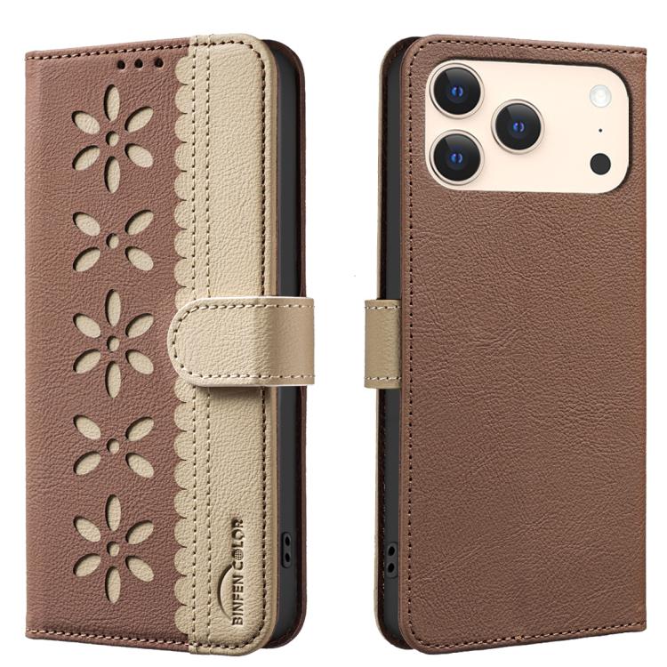 Splicing Color Hollow Flower Pattern RFID Leather Phone Case – Card Slot, Kickstand, Leather, For iPhone 18 Pro/17 Pro, For iPhone 18 Pro Max/17 Pro Max, For iPhone 16e / 17e, For iPhone 17 For iPhone 18 Pro Max 17 Pro Max Brown