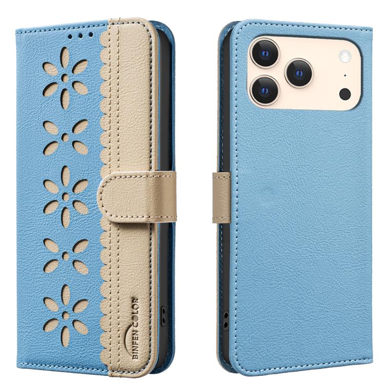 Splicing Color Hollow Flower Pattern RFID Leather Phone Case – Card Slot, Kickstand, Leather, For iPhone 18 Pro/17 Pro, For iPhone 18 Pro Max/17 Pro Max, For iPhone 16e / 17e, For iPhone 17 For iPhone 18 Pro Max 17 Pro Max Baby Blue