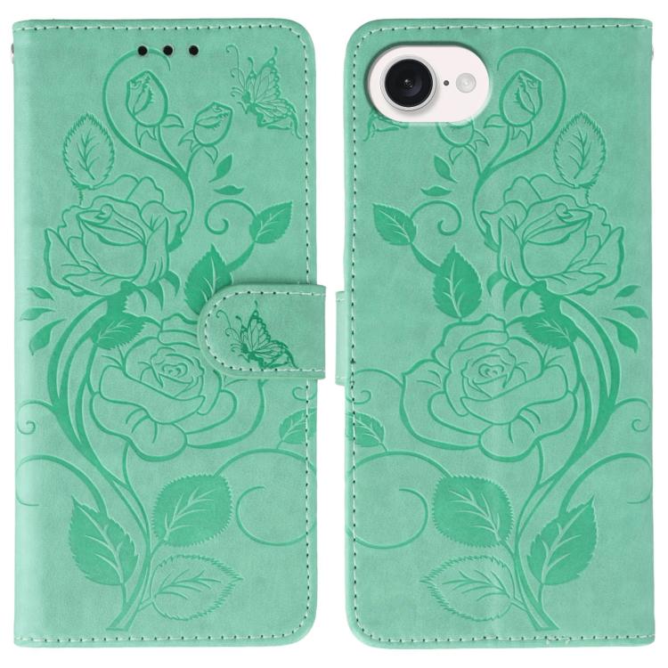 Rose Butterfly Embossed Leather Phone Case – Card Slot, Kickstand, Leather, For iPhone 17e / 16e, For iPhone 17 Pro Max, For iPhone 17 Pro, For iPhone 17 For iPhone 17e 16e Green