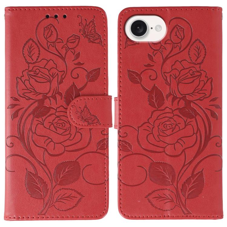 Rose Butterfly Embossed Leather Phone Case – Card Slot, Kickstand, Leather, For iPhone 17e / 16e, For iPhone 17 Pro Max, For iPhone 17 Pro, For iPhone 17 For iPhone 17e 16e Red