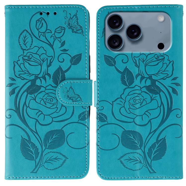 Rose Butterfly Embossed Leather Phone Case – Card Slot, Kickstand, Leather, For iPhone 17e / 16e, For iPhone 17 Pro Max, For iPhone 17 Pro, For iPhone 17 For iPhone 17 Pro Max Blue