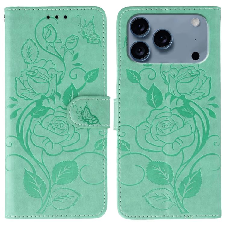 Rose Butterfly Embossed Leather Phone Case – Card Slot, Kickstand, Leather, For iPhone 17e / 16e, For iPhone 17 Pro Max, For iPhone 17 Pro, For iPhone 17 For iPhone 17 Pro Max Green