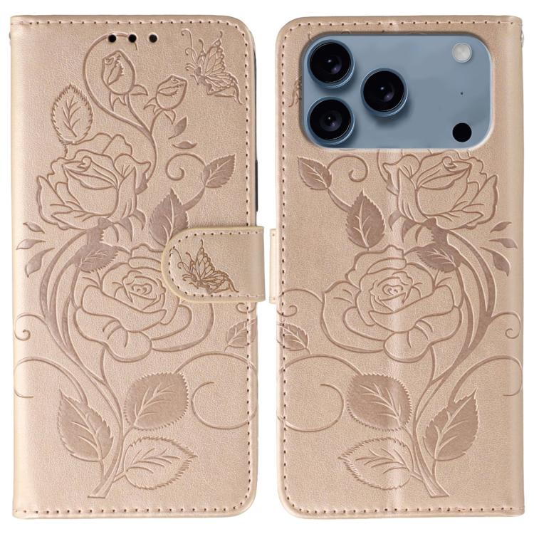 Rose Butterfly Embossed Leather Phone Case – Card Slot, Kickstand, Leather, For iPhone 17e / 16e, For iPhone 17 Pro Max, For iPhone 17 Pro, For iPhone 17 For iPhone 17 Pro Max Rose Gold