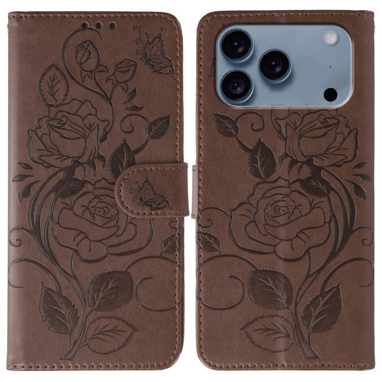 Rose Butterfly Embossed Leather Phone Case – Card Slot, Kickstand, Leather, For iPhone 17e / 16e, For iPhone 17 Pro Max, For iPhone 17 Pro, For iPhone 17 For iPhone 17 Pro Max Brown