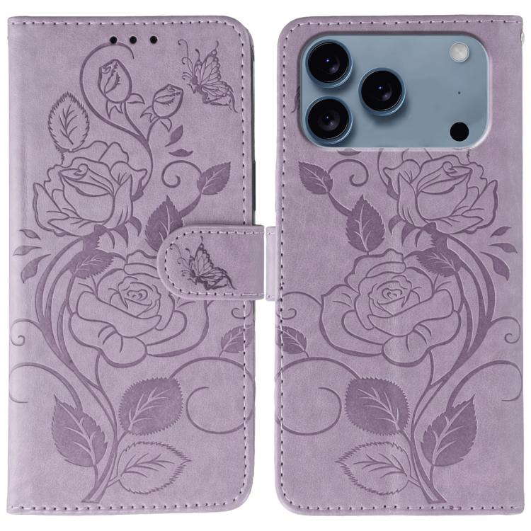 Rose Butterfly Embossed Leather Phone Case – Card Slot, Kickstand, Leather, For iPhone 17e / 16e, For iPhone 17 Pro Max, For iPhone 17 Pro, For iPhone 17 For iPhone 17 Pro Purple